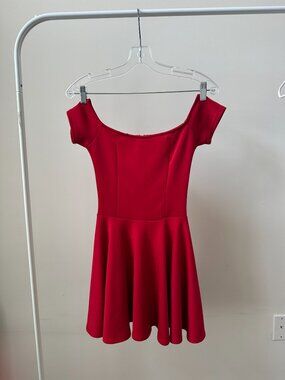 Red off the shoulder flare dress
